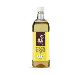 Pure & Sure Organic Cold Pressed Sunflower Oil 1ltr | 100% Natural Kolhu/Kacchi Ghani/Chekku Edible for Cooking | Extracted on Wooden Churner | Nutrient Rich & Chemical Free