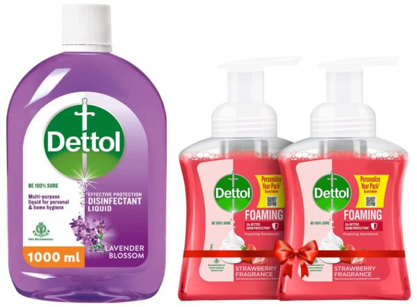 Dettol Liquid Disinfectant for Floor Cleaner (Lavender Blossom 1L) & Dettol Foaming Handwash Pump - Strawberry (Pack of 2-250ml each)