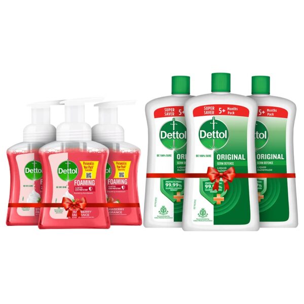 Dettol Foaming Handwash Pump (Strawberry (Pack of 3-250ml each) & Liquid Handwash Refill Bottle Skincare Moisturizing (Pack of 3-900ml each)