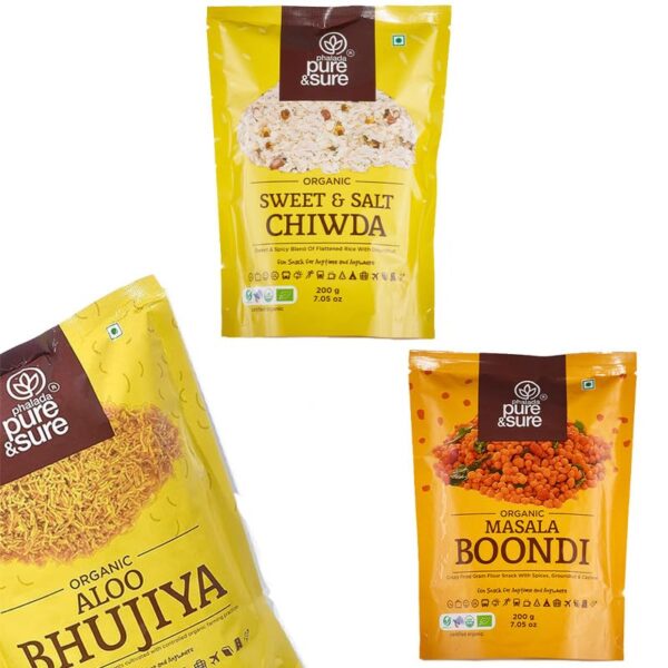 Phalada Pure & Sure Combo Pack of Organic Sweet & Salt Chiwda 200Gms + Organic Masala Boondi 200Gms + Organic Aloo Bhujia-200Gms