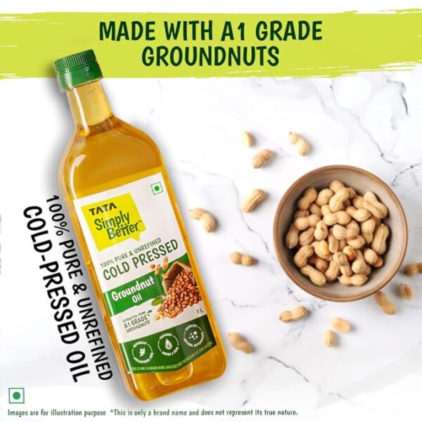 Tata Simply Better Pure & Unrefined Cold Pressed Groundnut (Peanut) Oil,Kolhu/Kacchi Ghani/Mara Chekku/Ganuga,Naturally Cholesterol Free,1L,Groundnut Oil Rich Aroma & Flavour Of Real Groundnuts - Image 3