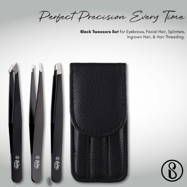 Beaute Secrets Tweezers Set - Tweezers for Eyebrows - Great Precision Plucker for Facial Hair Splinter and Ingrown Hair Removal Hair Threading(Black) - Image 2