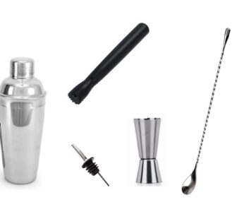 Dynore Stainless Steel 5 Pcs Professional Bar Set- Cocktail Shaker, Tall Peg Measure, Teardrop Bar Spoon, Wine Pourer, PVC Muddler Black