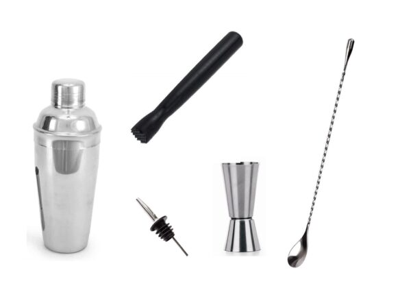 Dynore Stainless Steel 5 Pcs Professional Bar Set- Cocktail Shaker, Tall Peg Measure, Teardrop Bar Spoon, Wine Pourer, PVC Muddler Black