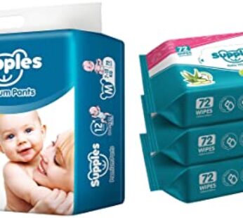 Supples Baby Pants Diapers Medium 72 Count with Wet Wipes (Pack of 3)