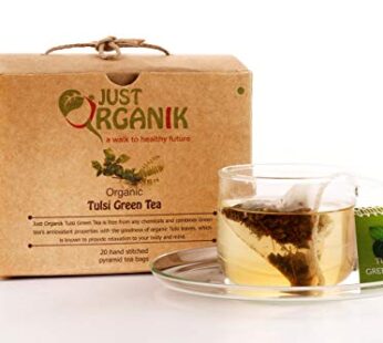 Just Organik Tulsi Green Tea – 20 Hand Stitched Pyramid Tea Bags 100% Organic